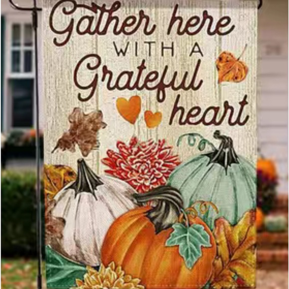 NIP Gather Here Orange Teal White Pumpkin Garden Flag, Double Sided - Picture 3 of 3